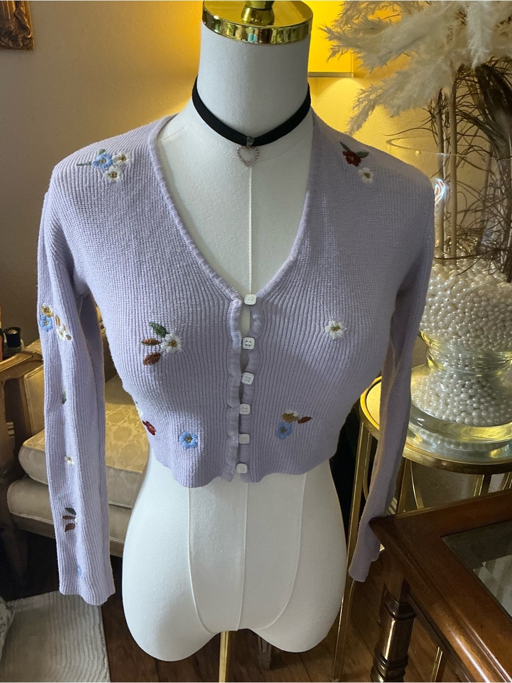 Y2K Cropped Lavender Floral EMBROIDERED Cardigan COTTAGECORE, COQUETTE, Y2K,